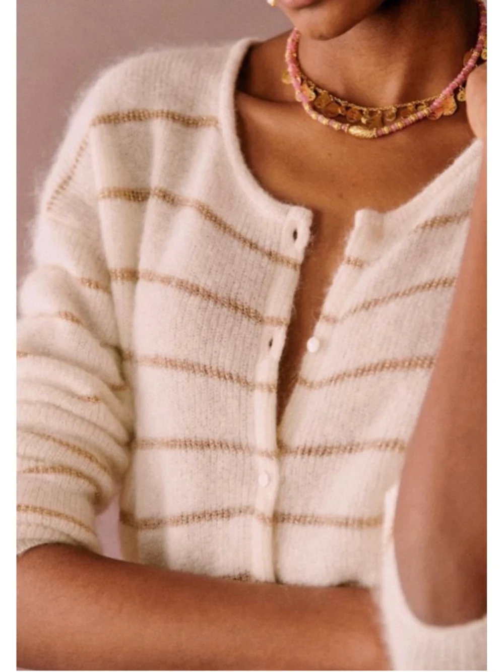 New Sezane Cream Gold Striped Cardigan Sweater S - Picture 3 of 8